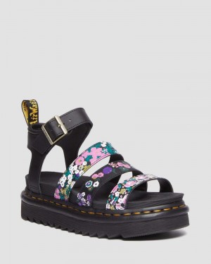 BLACK / PINK FLORAL Doctor Martens Blaire Vintage Floral Leather Strap Sandals (Hydro Vintage Floral) | TH61-W9AP