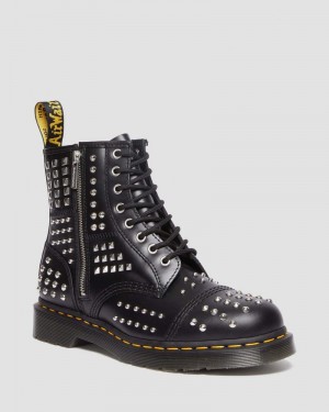 Black Doctor Martens 1460 Studded Zip Atlas Leather Lace Up Boots (Atlas) | NB17-Y7IA