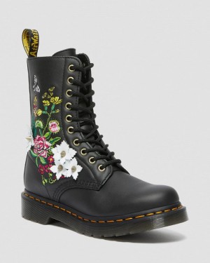 Black Doctor Martens 1490 Floral Bloom Leather Mid-Calf Boots (Nappa Leather) | HK42-R0RH