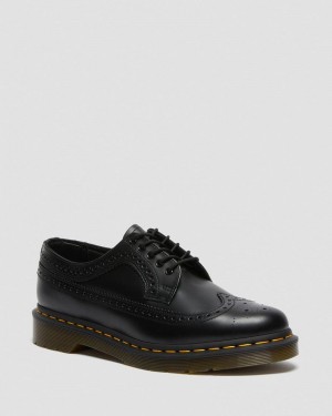 Black Doctor Martens 3989 Yellow Stitch Smooth Leather Brogue Shoes (Smooth Leather) | MF61-Q8LN