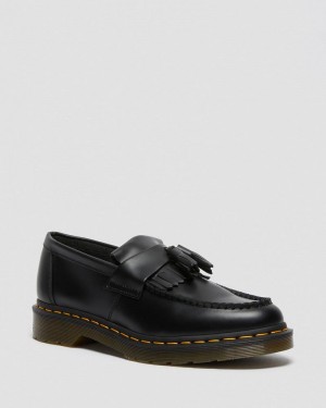 Black Doctor Martens Adrian Yellow Stitch Leather Tassel Loafers (Smooth Leather) | ZB43-R7GM