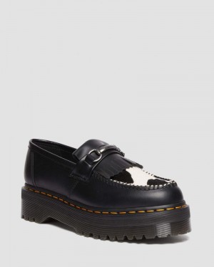 Black / COW PRINT Doctor Martens Adrian Snaffle Hair On & Leather Cow Print Kiltie Loafers (Smooth+Hair On) | BU15-P8WV