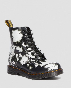 Black / White Doctor Martens 1460 Pascal Floral Shadow Leather Lace Up Boots (Backhand) | IR07-X3FA