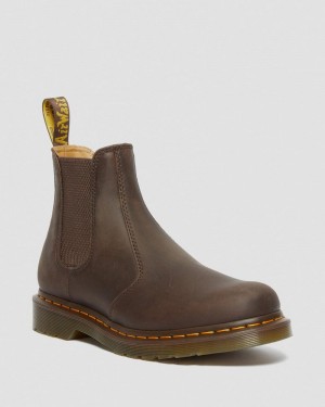 Dark Brown Doctor Martens 2976 Yellow Stitch Crazy Horse Leather Chelsea Boots (Crazy Horse) | RZ25-F5VY