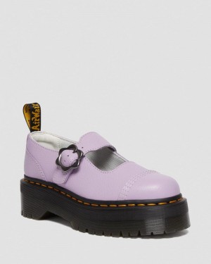 Lilac Doctor Martens Addina Flower Buckle Leather Platform Shoes (Milled Nappa) | HK74-Q5KX