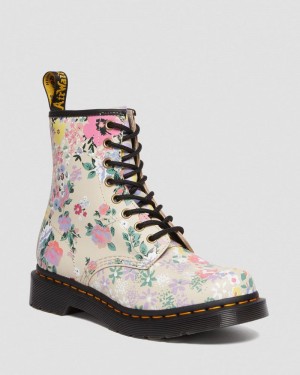 Parchment Beige Doctor Martens 1460 Floral Mash Up Leather Lace Up Boots (Backhand) | RY87-I2IA