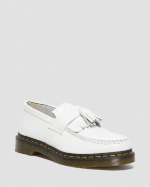 White Doctor Martens Adrian Yellow Stitch Leather Tassel Loafers (Smooth Leather) | KU35-N6QK