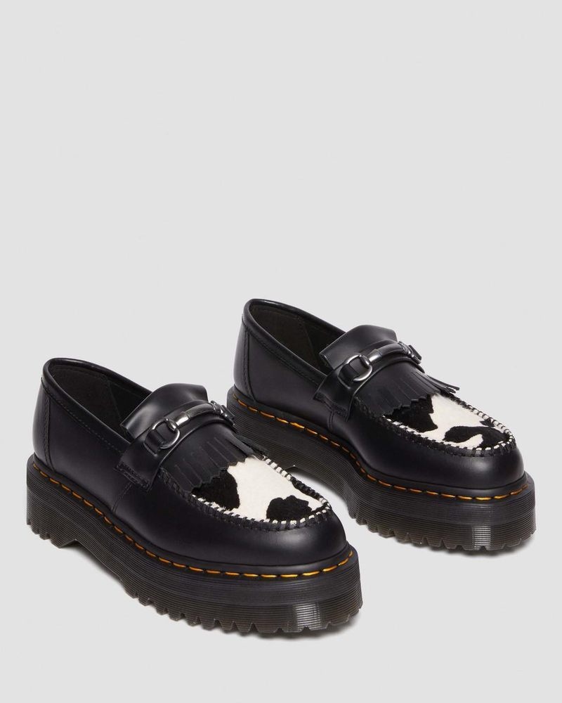 BLACK/COW PRINT Doctor Martens Adrian Snaffle Hair On & Leather Cow Print Kiltie Loafers (Smooth+Hair On) | SY63-M0BH