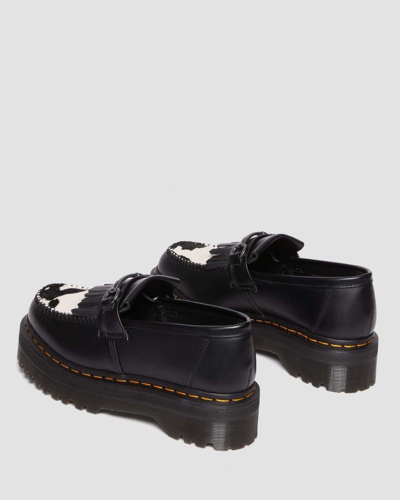 BLACK/COW PRINT Doctor Martens Adrian Snaffle Hair On & Leather Cow Print Kiltie Loafers (Smooth+Hair On) | SY63-M0BH