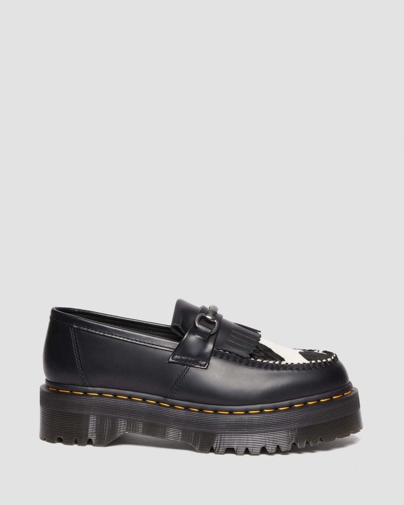 BLACK/COW PRINT Doctor Martens Adrian Snaffle Hair On & Leather Cow Print Kiltie Loafers (Smooth+Hair On) | SY63-M0BH