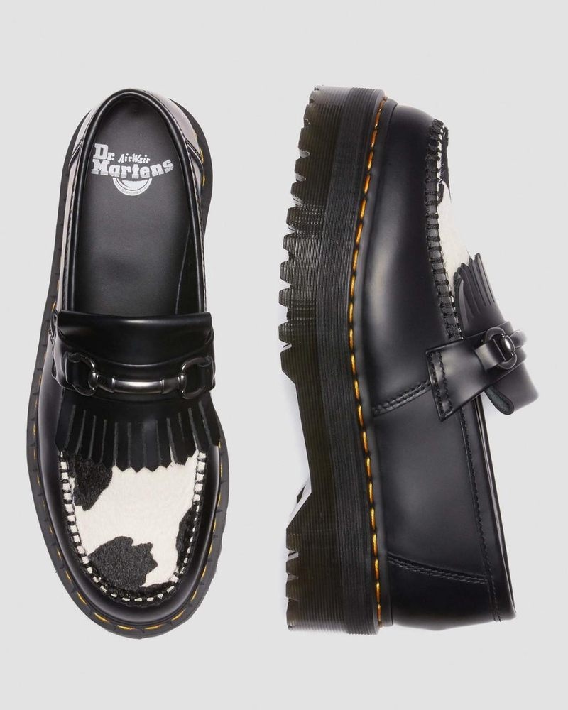 BLACK/COW PRINT Doctor Martens Adrian Snaffle Hair On & Leather Cow Print Kiltie Loafers (Smooth+Hair On) | SY63-M0BH