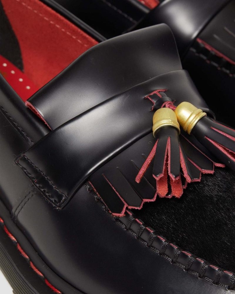 Black/Red/Black Doctor Martens Adrian Year of the Dragon Hair-On Tassel Loafers (Smooth Slice+Hair On) | YO86-G6RF