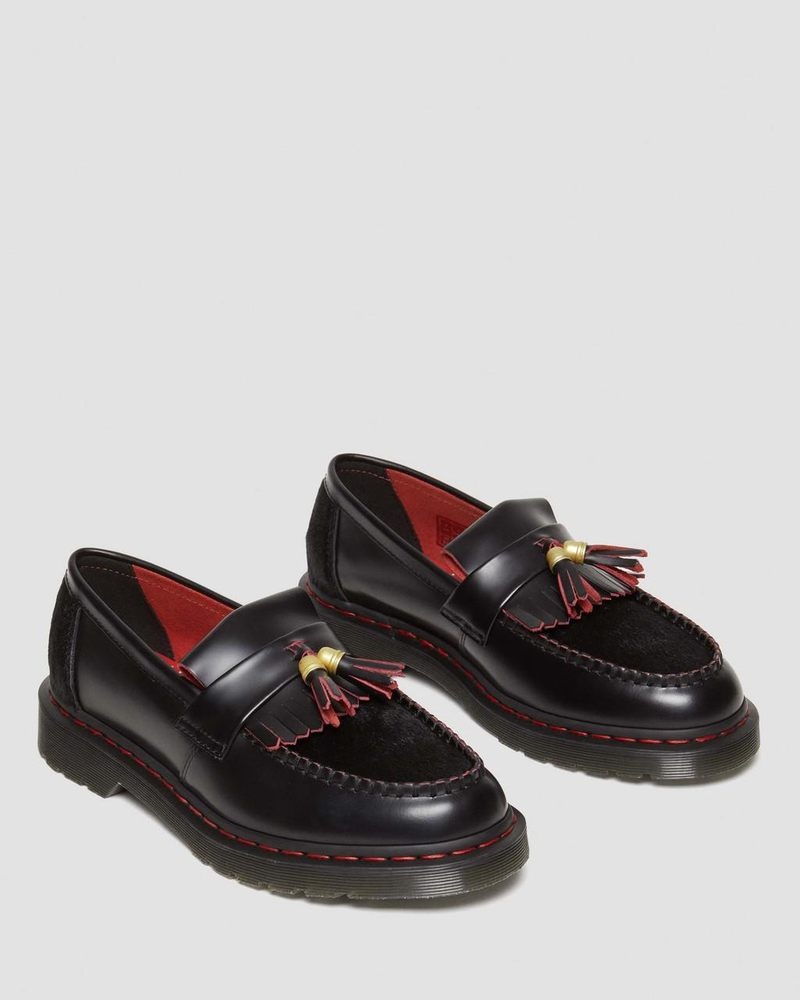 Black/Red/Black Doctor Martens Adrian Year of the Dragon Hair-On Tassel Loafers (Smooth Slice+Hair On) | YO86-G6RF