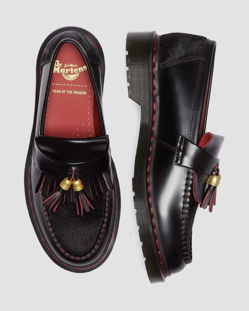 Black/Red/Black Doctor Martens Adrian Year of the Dragon Hair-On Tassel Loafers (Smooth Slice+Hair On) | YO86-G6RF