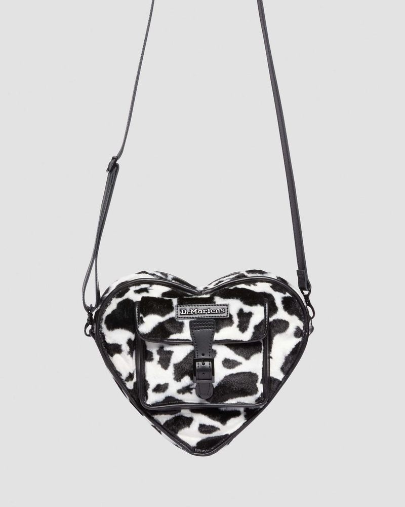 Black+White Doctor Martens Heart Shaped Faux Fur Cow Print Backpack (Cow Print + Kiev) | EN99-H0AY