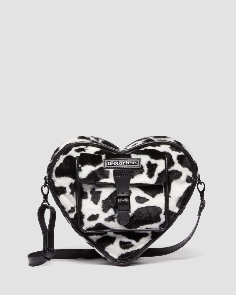 Black+White Doctor Martens Heart Shaped Faux Fur Cow Print Backpack (Cow Print + Kiev) | EN99-H0AY