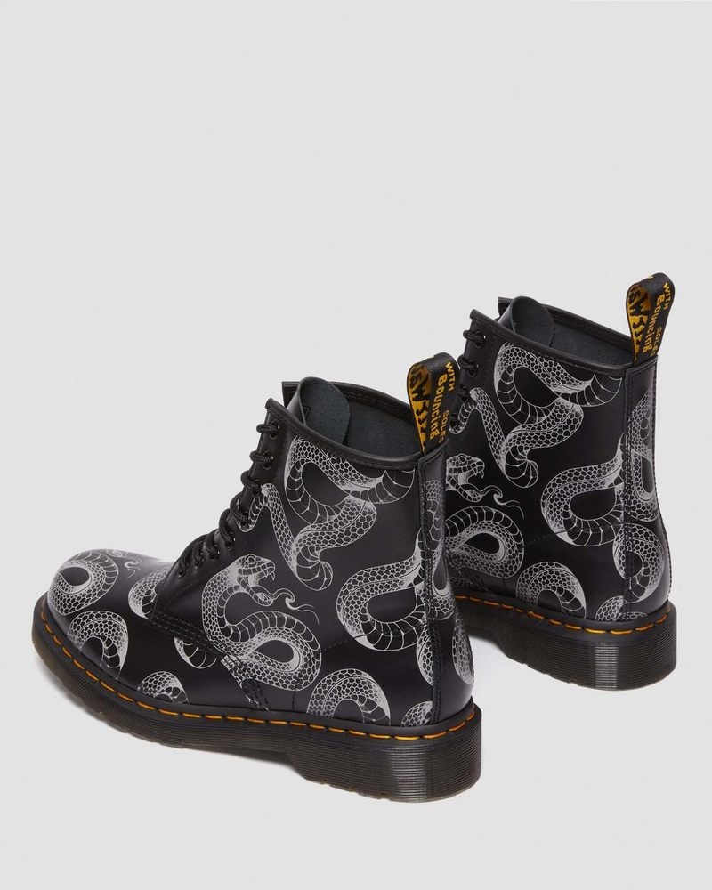 Black Doctor Martens 1460 Serpent Print Leather Lace Up Boots (Wild Serpent Smooth) | QO65-Y4IY