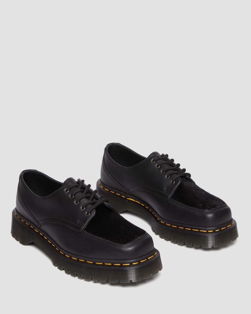 Black Doctor Martens 5-Eye Bex Square Toe Hair-On & Leather Shoes (Lucido + Hair On) | NS81-M3UH