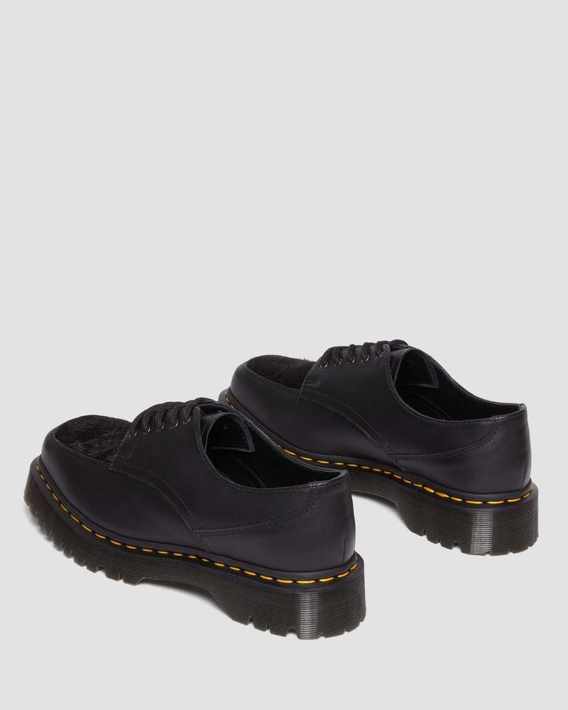 Black Doctor Martens 5-Eye Bex Square Toe Hair-On & Leather Shoes (Lucido + Hair On) | NS81-M3UH