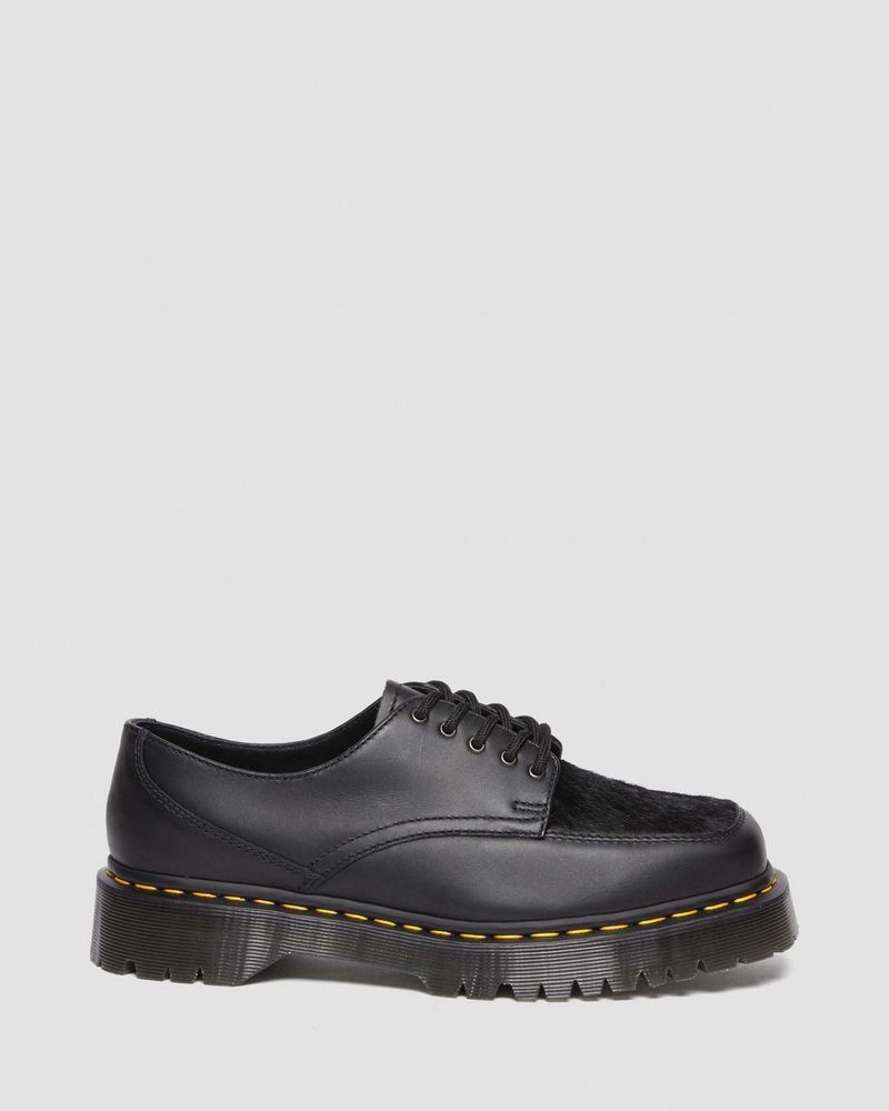 Black Doctor Martens 5-Eye Bex Square Toe Hair-On & Leather Shoes (Lucido + Hair On) | NS81-M3UH