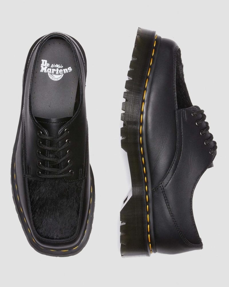 Black Doctor Martens 5-Eye Bex Square Toe Hair-On & Leather Shoes (Lucido + Hair On) | NS81-M3UH