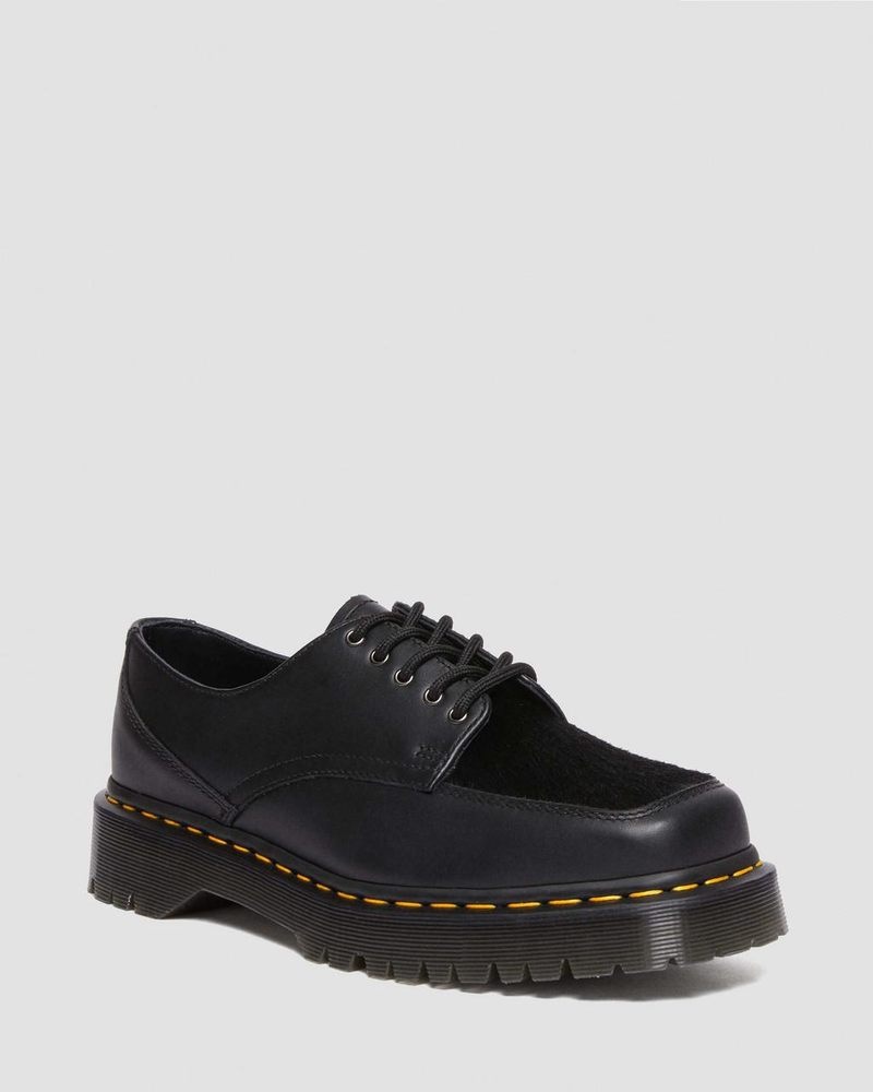 Black Doctor Martens 5-Eye Bex Square Toe Hair-On & Leather Shoes (Lucido + Hair On) | NS81-M3UH