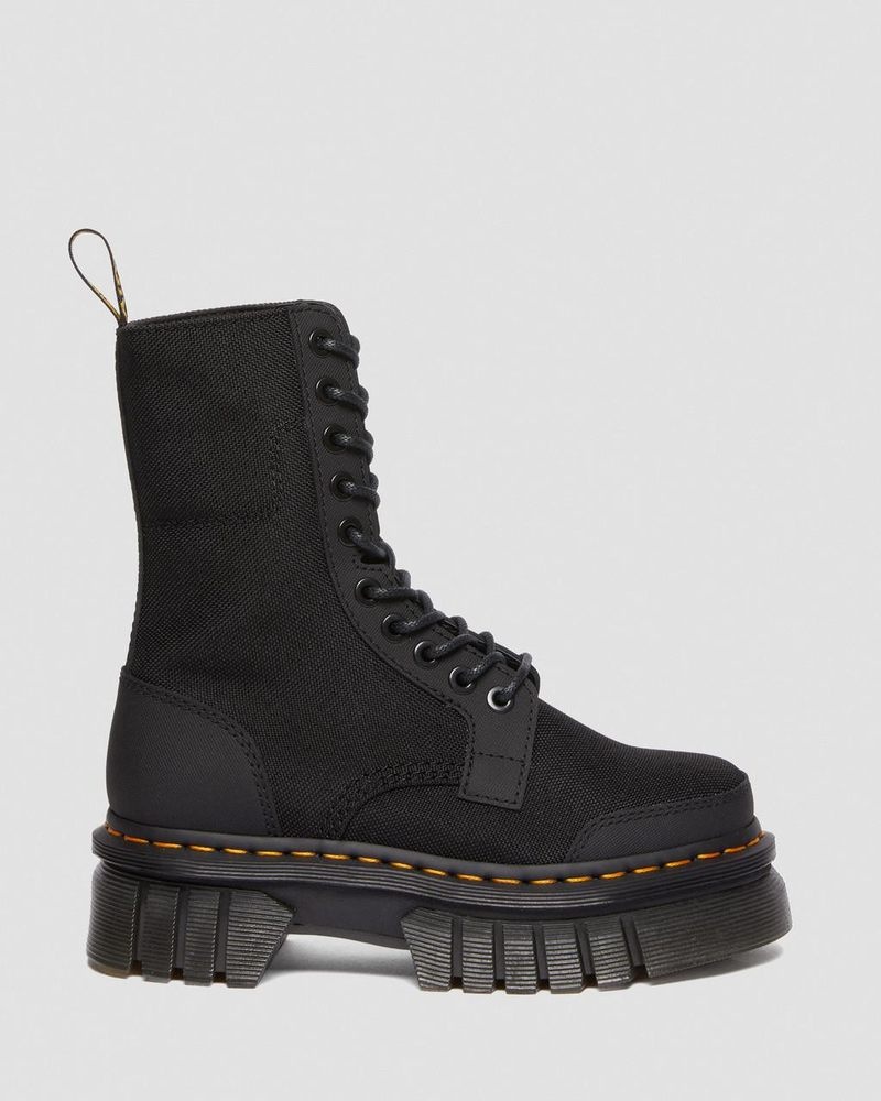 Black Doctor Martens Audrick 10-Eye Poly & Leather Platform Boots (Ajax+Extra Tough 50/50) | RN48-S8MZ