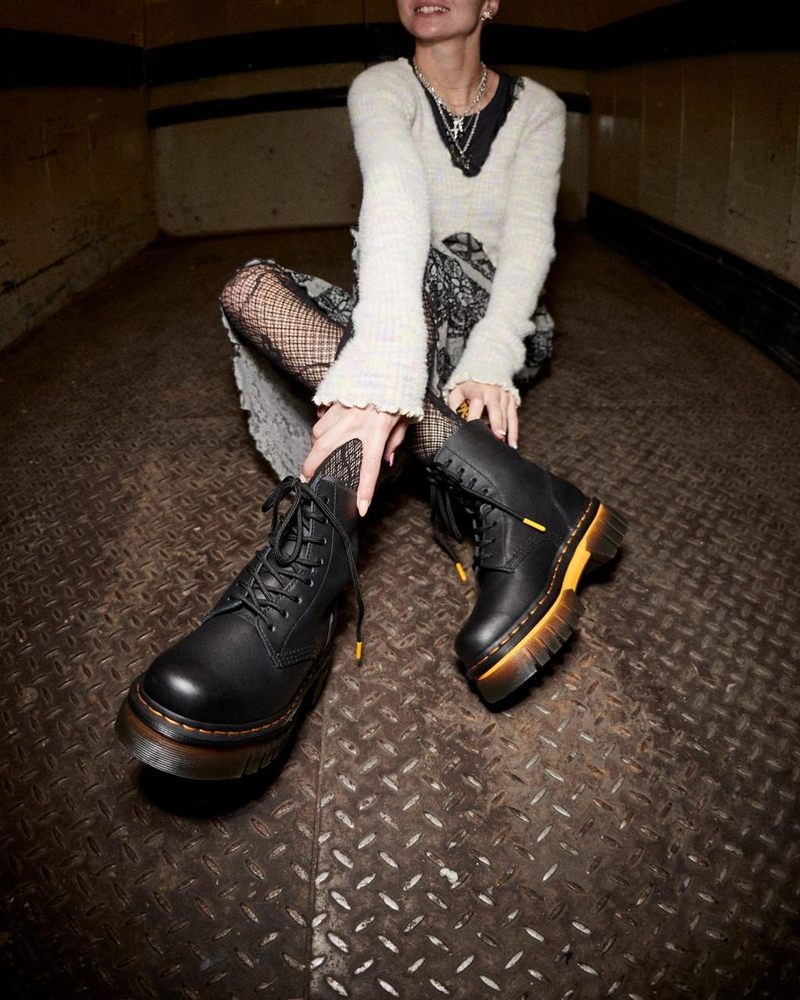 Black Doctor Martens Audrick Contrast Sole Leather Platform Ankle Boots (Polished Lucido) | OC40-G6ZS