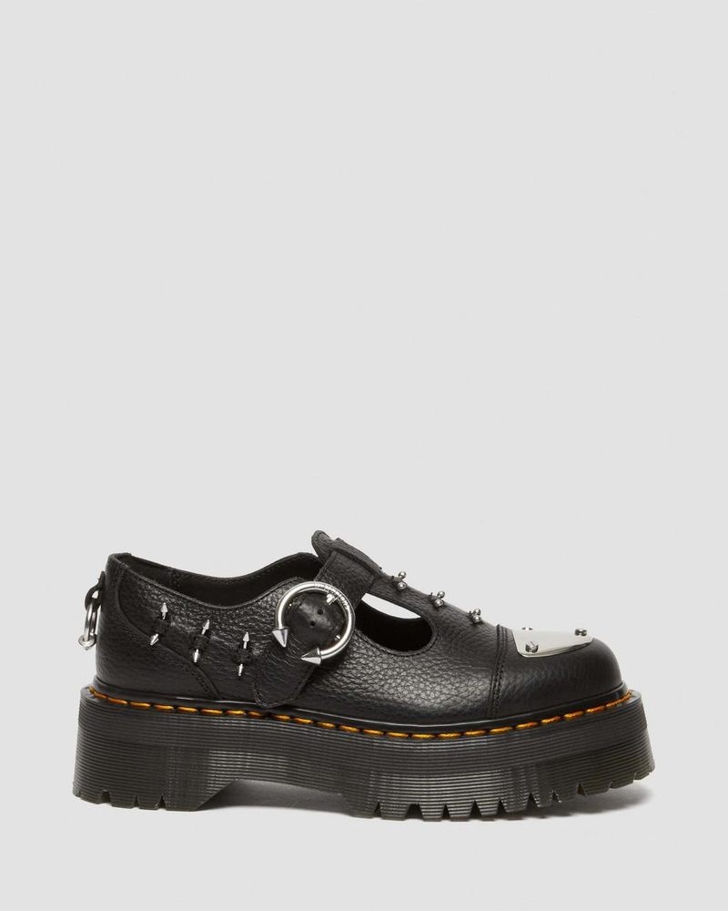 Black Doctor Martens Bethan Piercing Leather Platform Mary Jane Shoes (Milled Nappa) | PL07-W6QC