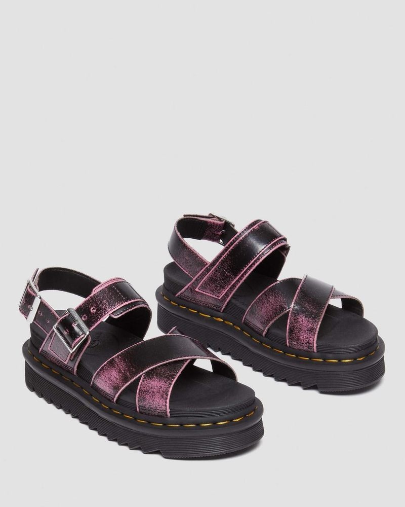 Black / Fondant Pink Doctor Martens Voss II Distressed Leather Platform Sandals (Two Tone Rub Off) | SR28-N5TI