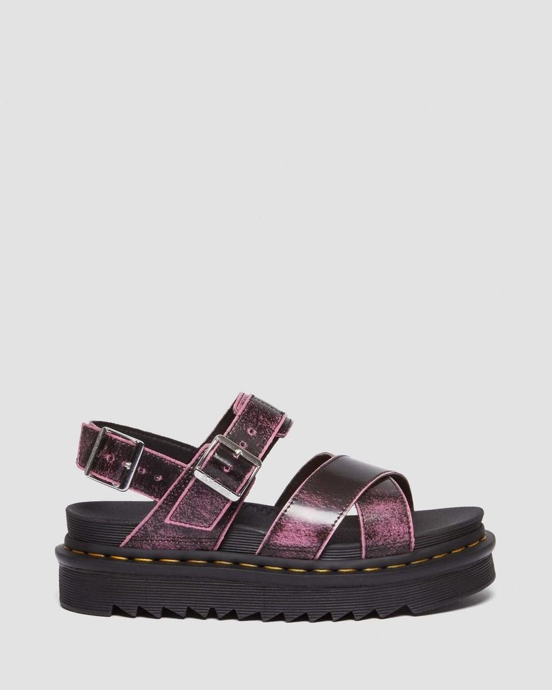 Black / Fondant Pink Doctor Martens Voss II Distressed Leather Platform Sandals (Two Tone Rub Off) | SR28-N5TI