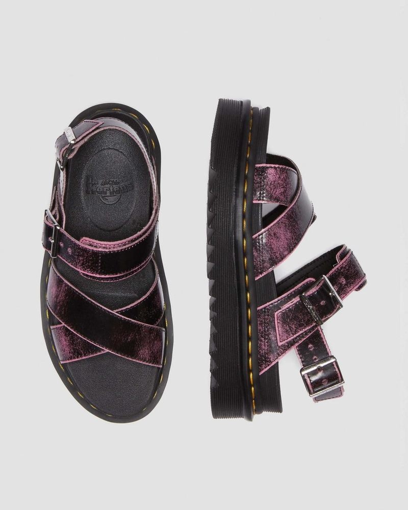 Black / Fondant Pink Doctor Martens Voss II Distressed Leather Platform Sandals (Two Tone Rub Off) | SR28-N5TI