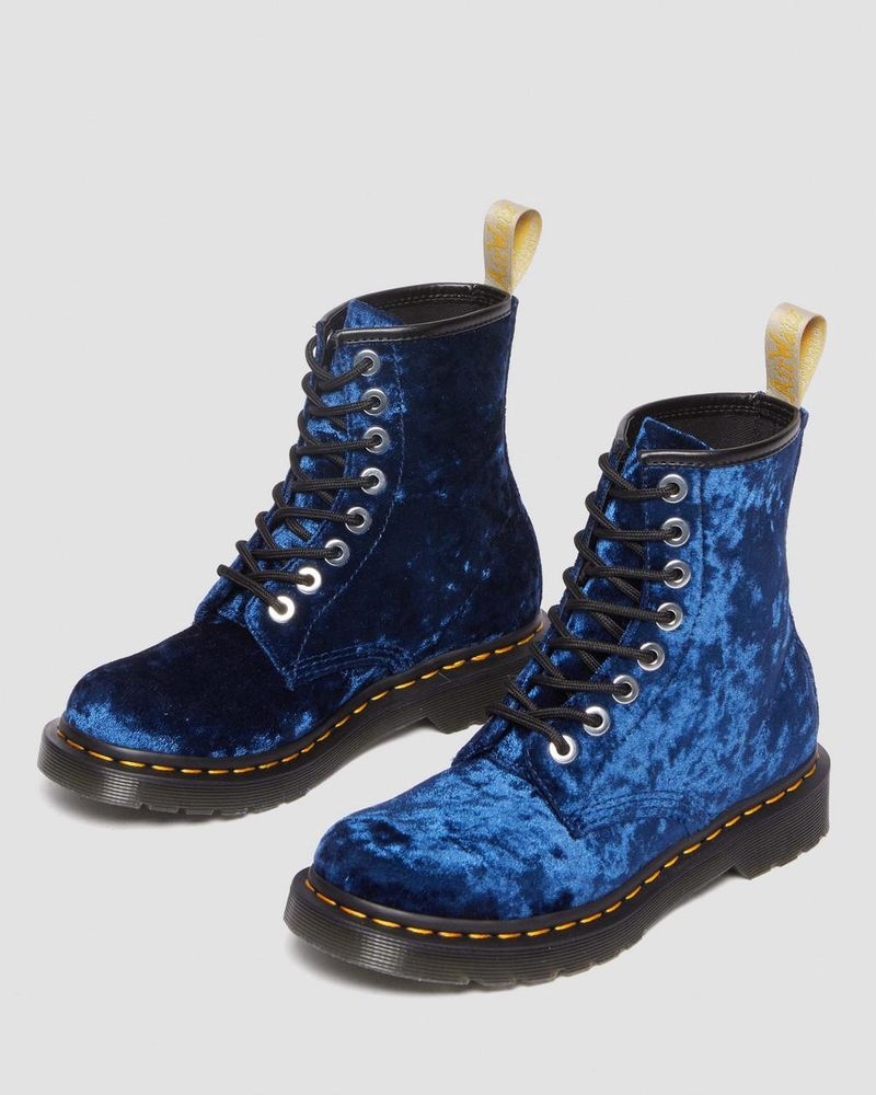 Deep Blue Doctor Martens Vegan 1460 - Crushed Velvet Lace Up Boots (Crushed Velvet) | DZ57-U6ML