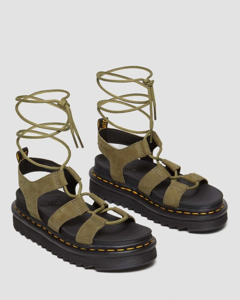 Muted Olive Doctor Martens Nartilla Tumbled Nubuck Leather Gladiator Sandals (Tumbled Nubuck) | AP54-A4XM